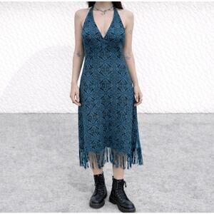 Necessary Objects Festival Vintage Teal Lace Fringe Midi Dress M Y2K Boho
